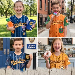 May include: Four children wearing baseball-style jerseys with Zootopia character designs. The jerseys are blue, orange, and yellow with character names and images. One child holds a carrot plush, another a popsicle, a third a badge, and the last a donut.
