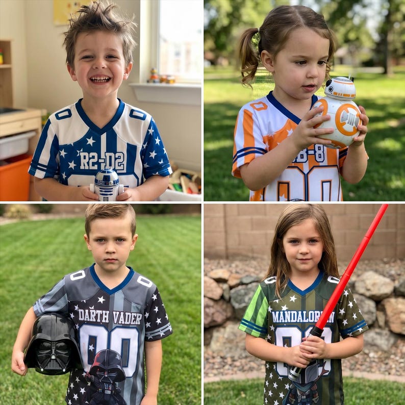 Może przedstawiać: Cztery zdjęcia dzieci w koszulkach z motywem Gwiezdnych Wojen. Koszulki przedstawiają postacie R2-D2, BB-8, Darth Vader i The Mandalorian. Każda koszulka ma numer "00" z przodu. Dzieci trzymają zabawki i akcesoria związane z Gwiezdnymi Wojnami.