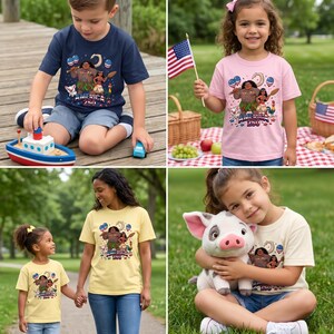 May include: A collection of short-sleeved t-shirts in navy blue, light pink, pale yellow, and cream, each featuring a graphic print of characters from Moana with the text "AMERICA 250" surrounded by patriotic balloons and stars.