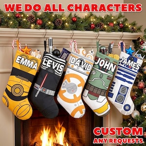 May include: Five personalized Christmas stockings hanging from a mantel, each featuring Star Wars character designs. The stockings are labeled with the names EMMA, LEVIS, DAVID, JOHN, and JAMES in bold white lettering against various themed patterns.