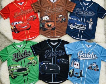 Cars Baseball Jersey Custom Name, Lightning McQueen Shirt, Disney Cars Birthday Outfit, Mater Jackson Storm Kids Party Gift,  Y2k Jersey