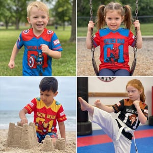 May include: Four images of children wearing superhero jerseys. The jerseys are red, blue, and yellow with graphics of Captain America, Spider-Man, Iron Man, and Black Widow. The children are playing outside and at the beach.