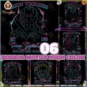 Horror Neon PNG Bundle, Horror Neon Color Shirt Designs, Horror Characters Png, Horror Halloween Clipart, Horror Quotes Png, Digital File