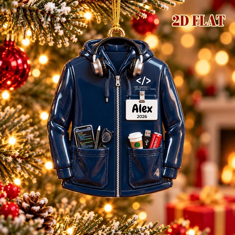 Puede incluir: Un adorno de sudadera con capucha azul marino que incluye auriculares negros, una tarjeta de identificaci&oacute;n blanca con el nombre Alex 2026 y un gr&aacute;fico de c&oacute;digo. Los bolsillos contienen un smartphone, un l&aacute;piz &oacute;ptico, gafas, caf&eacute;, USB y bebida.