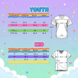 Pode incluir: Tabela de tamanhos para camisetas juvenis e infantis, com medidas em polegadas. A tabela inclui medidas de comprimento, busto e quadris para v&aacute;rios tamanhos, juntamente com diagramas que ilustram onde medir.