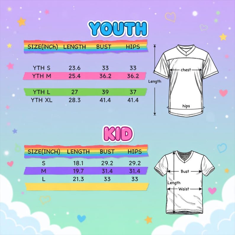 Pode incluir: Tabela de tamanhos para camisetas juvenis e infantis, com medidas em polegadas. A tabela inclui medidas de comprimento, busto e quadris para v&aacute;rios tamanhos, juntamente com diagramas que ilustram onde medir.