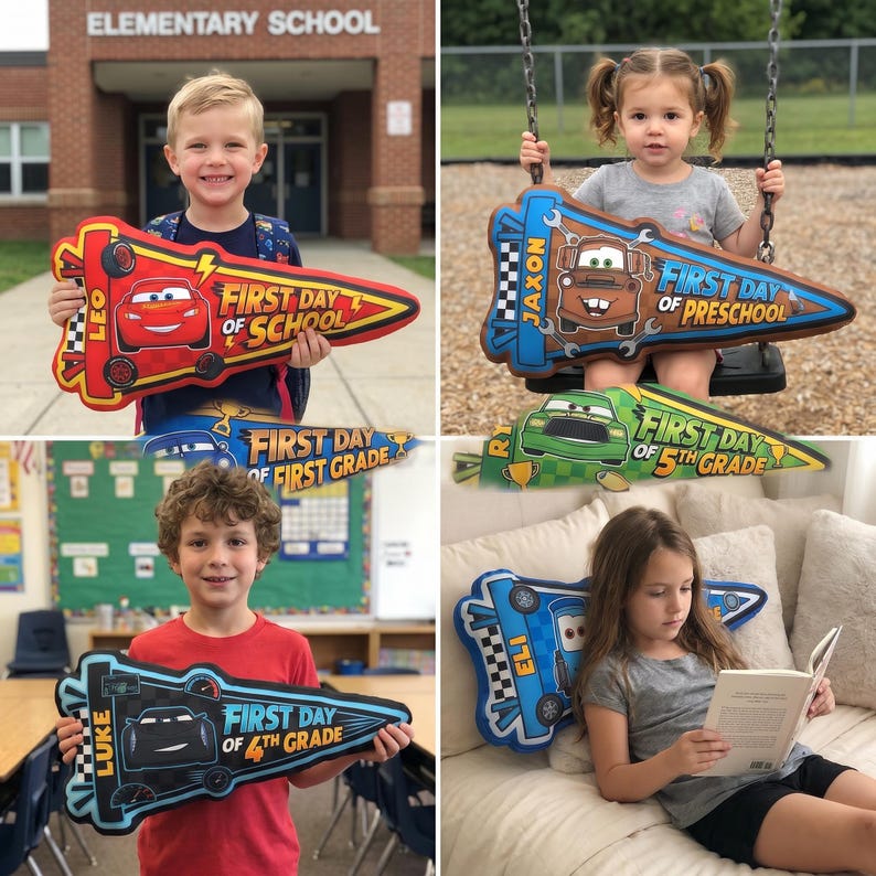 May include: Four images of children holding school-themed pillows. The pillows are shaped like keys and feature characters from the movie "Cars." Text on the pillows reads "First Day of School," "First Day of Preschool," "First Day of 1st Grade," "First Day of 4th Grade," and "First Day of 5th Grade."