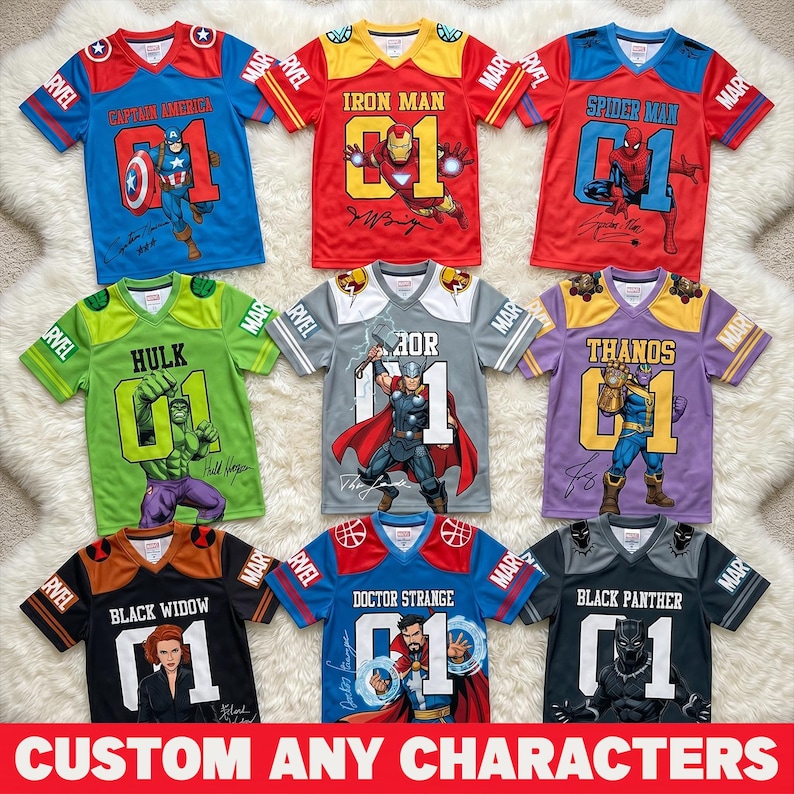 May include: Nine colourful Marvel-themed jerseys with character graphics and the number 01. The jerseys feature Captain America, Iron Man, Spider-Man, Hulk, Thor, Thanos, Black Widow, Doctor Strange, and Black Panther. The text "CUSTOM ANY CHARACTERS" is at the bottom.
