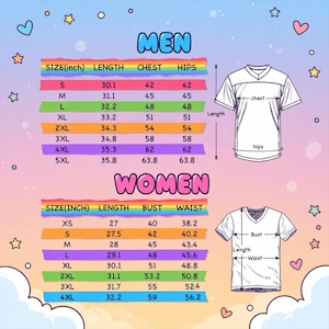 Pode incluir: Uma tabela de tamanhos para camisetas com decote em V para homens e mulheres, com medidas em polegadas. A tabela inclui tamanhos XS a 5XL para homens e XS a 4XL para mulheres, detalhando comprimento, peito/busto, quadris/cintura.