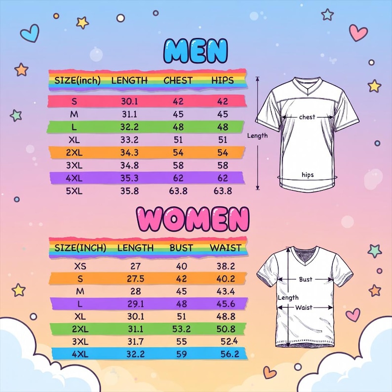 Pode incluir: Uma tabela de tamanhos para camisetas com decote em V para homens e mulheres, com medidas em polegadas. A tabela inclui tamanhos XS a 5XL para homens e XS a 4XL para mulheres, detalhando comprimento, peito/busto, quadris/cintura.