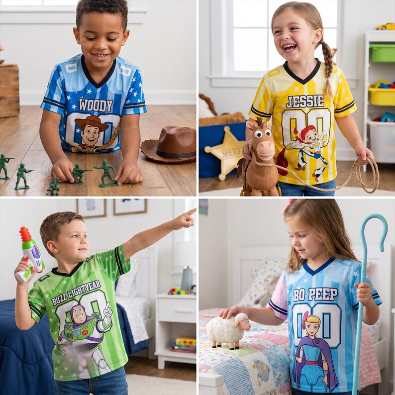 Pode incluir: Quatro crian&ccedil;as vestindo camisetas gr&aacute;ficas coloridas com personagens da franquia Toy Story. As camisas s&atilde;o azuis, amarelas, verdes e azul claro, cada uma com um design de personagem diferente e o n&uacute;mero 00. As crian&ccedil;as est&atilde;o sorrindo e brincando com brinquedos.