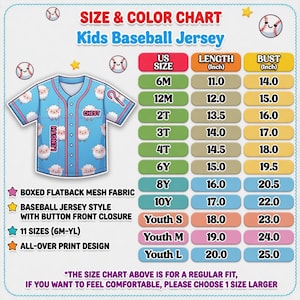 May include: Size and color chart for a kids' baseball jersey. The chart includes US sizes from 6M to Youth L, with corresponding length and bust measurements in inches. The jersey is blue with a sheep pattern and features a button front.