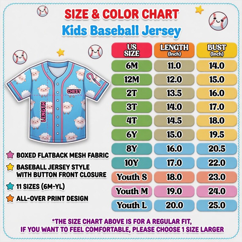 May include: Size and color chart for a kids' baseball jersey. The chart includes US sizes from 6M to Youth L, with corresponding length and bust measurements in inches. The jersey is blue with a sheep pattern and features a button front.