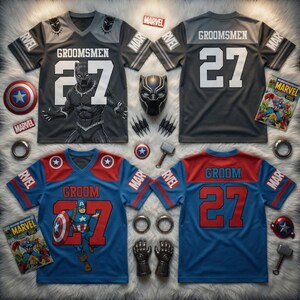 May include: Two American football jerseys, one grey and one blue, with the number 27. The grey jersey says "Groomsmen" and features a Black Panther graphic. The blue jersey says "Groom" and features a Captain America graphic. Marvel accessories.