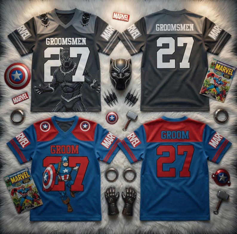 May include: Two American football jerseys, one grey and one blue, with the number 27. The grey jersey says "Groomsmen" and features a Black Panther graphic. The blue jersey says "Groom" and features a Captain America graphic. Marvel accessories.