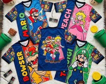 Super Mario Football Jersey Shirt, Mario Luigi Peach Bowser, Family Matching Birthday, Gamer Kids Sports Tee Disney Trip
