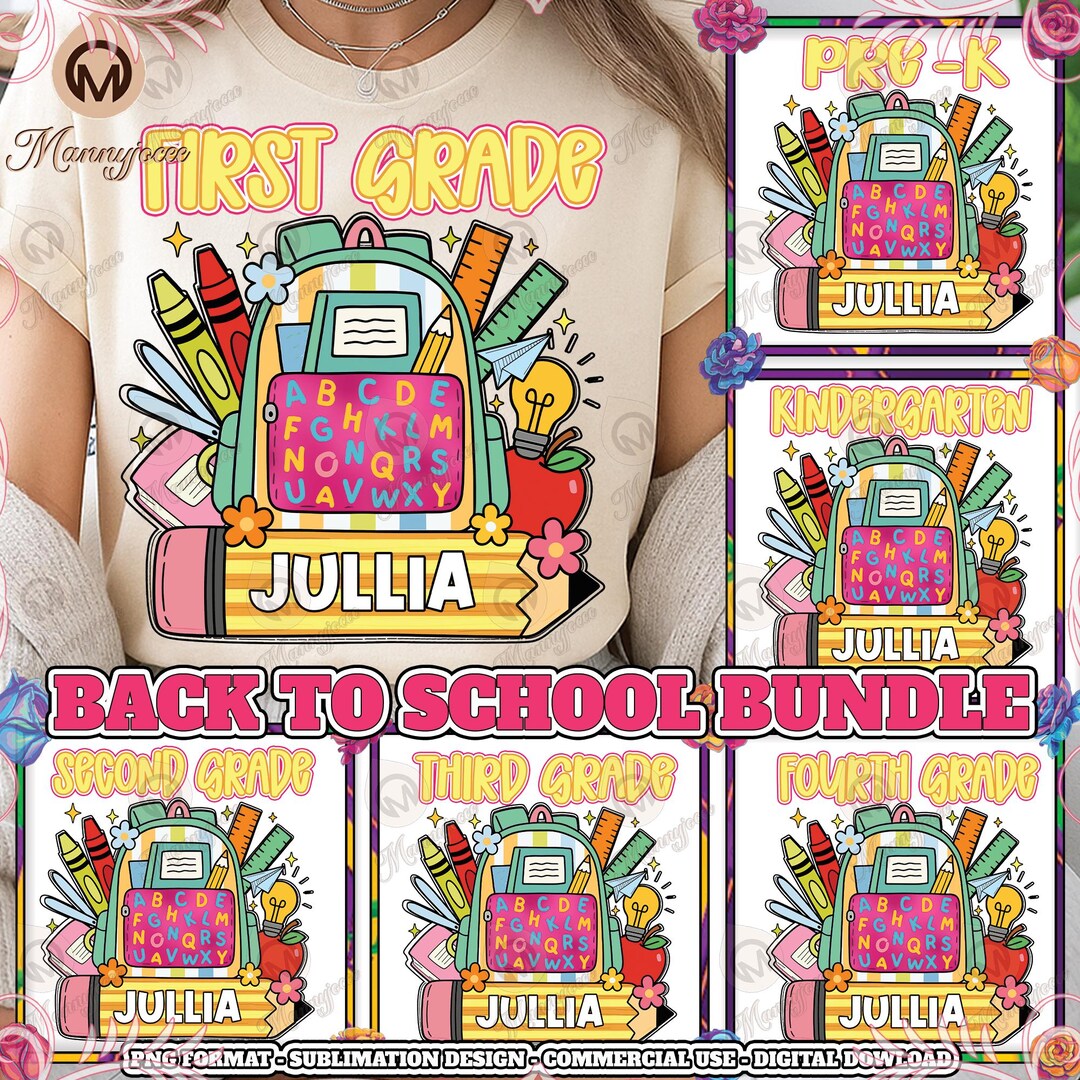 6 Back to School PNG Bundle, Custom Name Png, Kindergarten, Pre-k ...