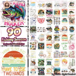 Lot de 90 fichiers Png de pêche, lot de Png de poisson, poisson amour Png, saison de chasse Png, chemise de pêche porte-bonheur Png, fête des pères Png, fichier numérique