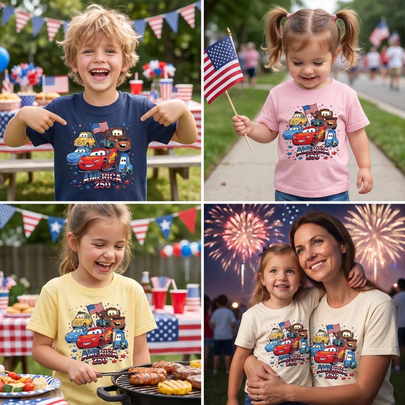 May include: A collection of t-shirts featuring a graphic print of animated cars with the text America 250. The design includes a red, white, and blue color palette with stars and an American flag, displayed on various shirt colors including navy, pink, yellow, and cream.