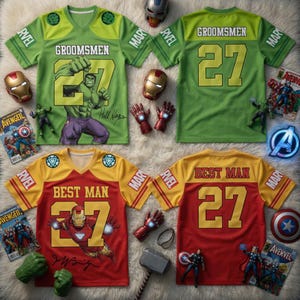 May include: Two American football-style jerseys, one green with "GROOMSMEN" and the number 27, and one red and yellow with "BEST MAN" and 27. Comic book character graphics and accessories surround the jerseys.