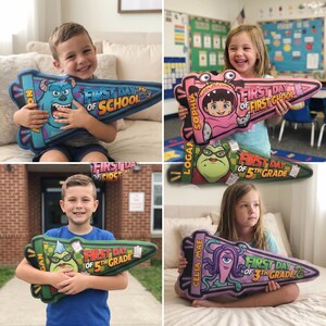 Puede incluir: Cuatro ni&ntilde;os sosteniendo almohadas en forma de flecha. Cada almohada presenta un personaje de dibujos animados diferente y el texto "First Day of School", "First Day of 5th Grade" o "First Day of 3rd Grade". Las almohadas son azules, rosas, verdes y moradas.