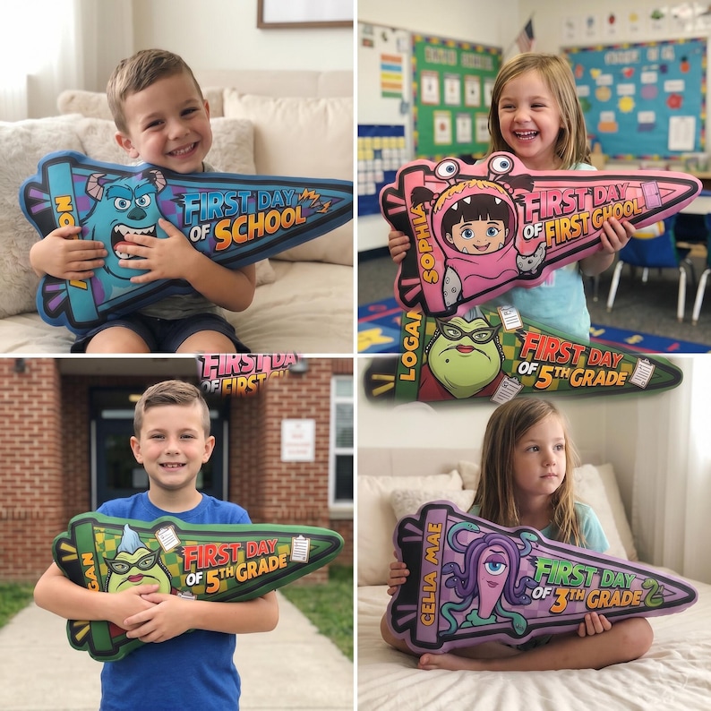 Puede incluir: Cuatro ni&ntilde;os sosteniendo almohadas en forma de flecha. Cada almohada presenta un personaje de dibujos animados diferente y el texto "First Day of School", "First Day of 5th Grade" o "First Day of 3rd Grade". Las almohadas son azules, rosas, verdes y moradas.