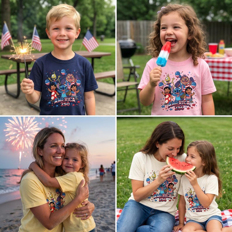 May include: A collection of t-shirts featuring a graphic print of Lilo and Stitch characters with the text America 250. The shirts are shown in navy blue, light pink, yellow, and cream, each displaying the same patriotic cartoon illustration.