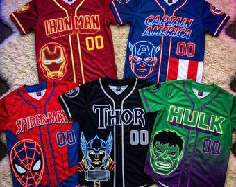 Marvel Avengers Baseball Jersey Custom Name, Iron Man Spider Man Thor Hulk Captain America Kids Birthday Party Shirt Gift,  Y2k Jersey