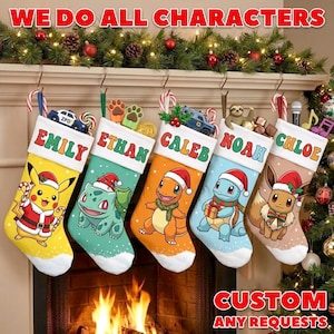 May include: Five personalized Christmas stockings hanging in a row, each featuring a different Pokémon character wearing a Santa hat. The stockings are labeled with the names Emily, Ethan, Caleb, Noah, and Chloe in colorful, bold, block lettering.
