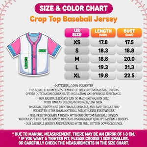 May include: Size and color chart for a crop top baseball jersey. The chart includes sizes XS to XL, with length and bust measurements in inches. The jersey is white with pink and blue accents. The material is 100% polyester.