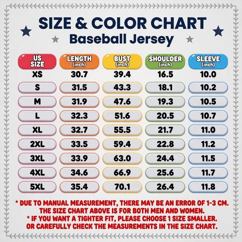 Puede incluir: Tabla de tallas y colores para una camiseta de b&eacute;isbol, con medidas en pulgadas. La tabla incluye tallas XS a 5XL, con medidas de largo, busto, hombro y manga. El texto en la parte inferior explica las tolerancias de medici&oacute;n en cm.