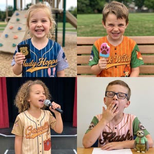 May include: Four children wearing baseball jerseys with cartoon character designs. One jersey says "Judy Hopps" and another says "Flash". One child holds a badge, another an ice pop, and another a microphone.