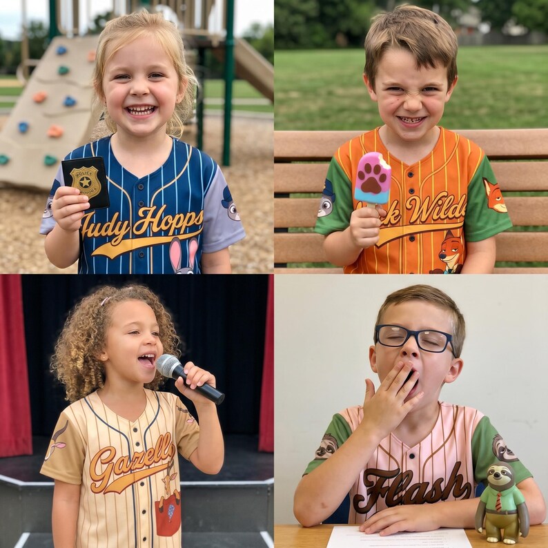 May include: Four children wearing baseball jerseys with cartoon character designs. One jersey says "Judy Hopps" and another says "Flash". One child holds a badge, another an ice pop, and another a microphone.