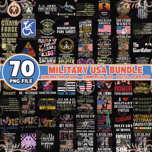 May include: A digital download bundle of 70 military-themed sublimation designs. The designs feature a variety of patriotic and military-related themes, including Union Jacks, soldiers, and military vehicles. The designs are perfect for creating t-shirts, mugs, phone cases, and other personalised items.