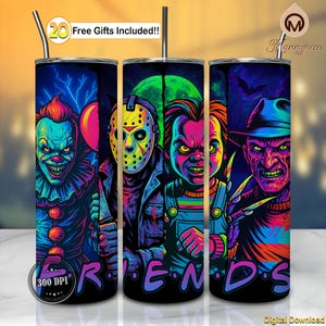 Horror Friends 20oz Skinny Tumbler Sublimation Design Wrap Png, Horror Tumbler Wrap, Horror Halloween, Horror Neon Color Design,Digital File