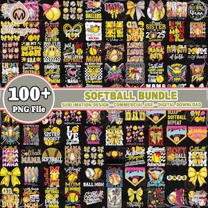 以下が含まれることがあります： ソフトボールをテーマにしたデザインが施された、100以上のPNGファイルを含むデジタルダウンロードバンドル。デザインには、ソフトボール、リボン、「Softball Mom」や「Game Day Vibes」などのフレーズなどのテキストとグラフィックが含まれています。