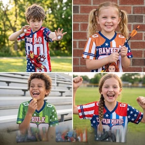 Puede incluir: Cuatro ni&ntilde;os con camisetas de superh&eacute;roes. Las camisetas presentan a los personajes Iron Man, Hawkeye, Hulk y Capitana Marvel. La camiseta de Iron Man es roja, blanca y azul. La camiseta de Hawkeye es naranja y azul. La camiseta de Hulk es verde. La camiseta de Capitana Marvel es roja, blanca y azul.