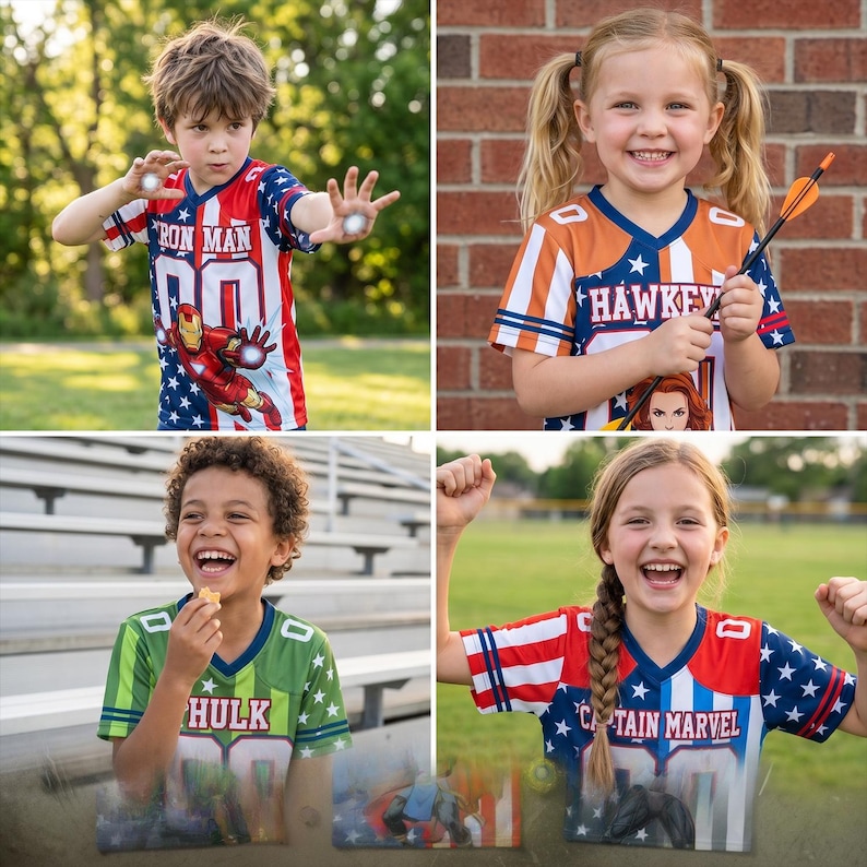 Puede incluir: Cuatro ni&ntilde;os con camisetas de superh&eacute;roes. Las camisetas presentan a los personajes Iron Man, Hawkeye, Hulk y Capitana Marvel. La camiseta de Iron Man es roja, blanca y azul. La camiseta de Hawkeye es naranja y azul. La camiseta de Hulk es verde. La camiseta de Capitana Marvel es roja, blanca y azul.