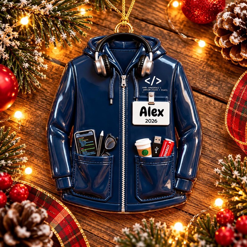 Puede incluir: Un adorno de sudadera con capucha azul oscuro con cremallera, auriculares negros, etiqueta con el nombre Alex 2026 y s&iacute;mbolo de c&oacute;digo. Los bolsillos contienen un tel&eacute;fono, un l&aacute;piz &oacute;ptico, gafas, caf&eacute;, un USB y una lata de bebida roja.