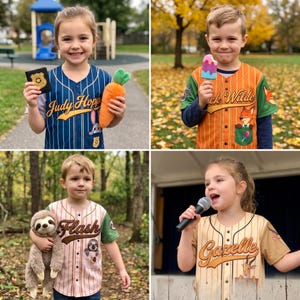 May include: Four children wearing baseball jerseys with character names and holding props. The jerseys are blue, orange, pink, and tan, with character names like "Judy Hopps," "Nick Wilde," "Flash," and "Gazelle." The children are smiling and posing outdoors.