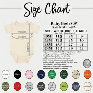 May include: A beige baby bodysuit size chart for Rabbit Skins 4424. The chart lists sizes 6M, 12M, 18M, and 24M with width, chest, and length measurements in inches. Below the chart are sixteen circular color swatches including white, black, pink, navy, green, sand, orange, red, grey, and natural.