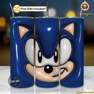 The Hedgehog Png, 3D Inflated Design Png, Game Character Png, Cartoon Face, 20oz Skinny Tumbler Sublimation Design Wrap Png, Digital File