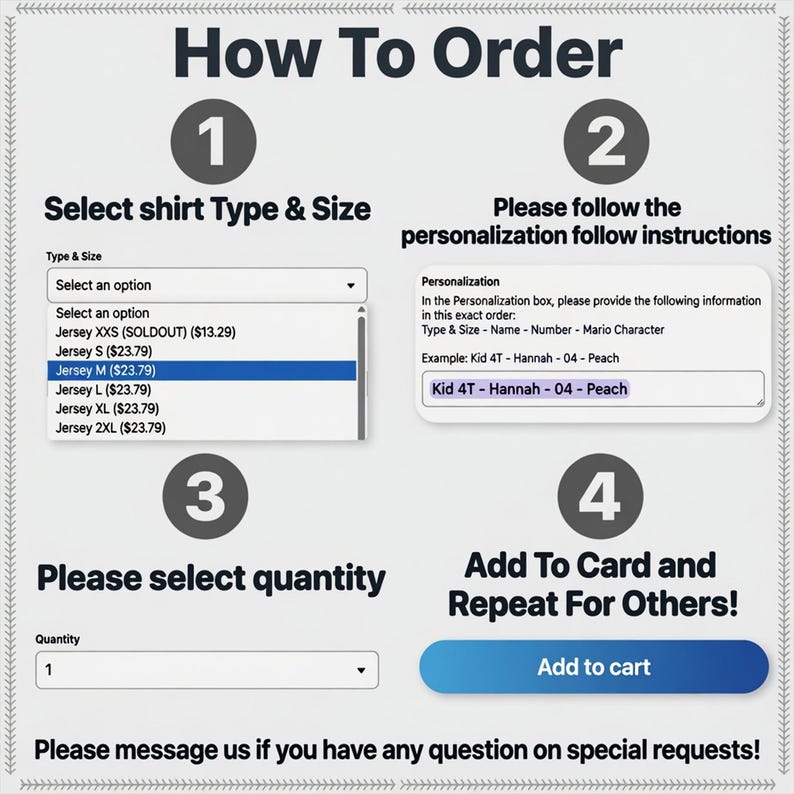 May include: A graphic with instructions on how to order a custom jersey. The steps include selecting the shirt type and size, following personalization instructions, selecting the quantity, and adding to the cart. The text includes an example of how to personalize the jersey.