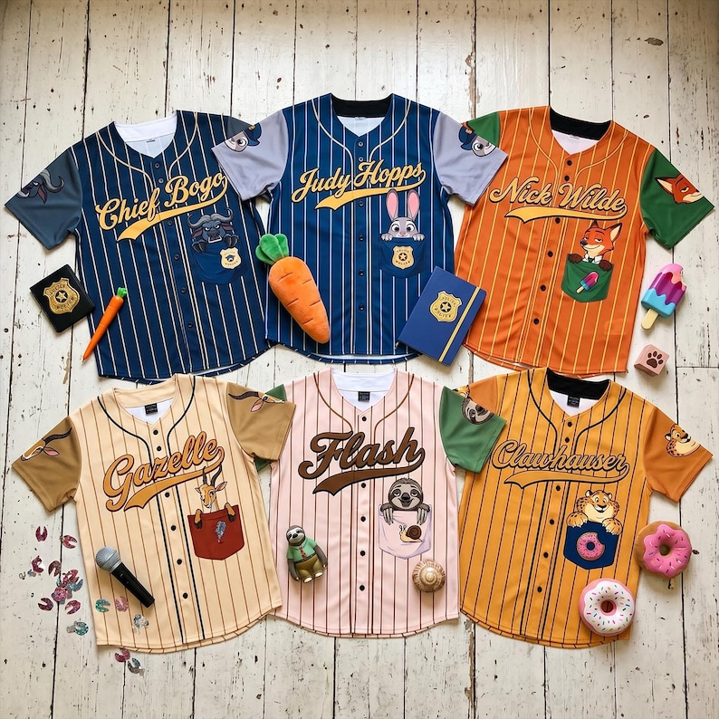 May include: Six baseball jerseys with character names and images from a movie. The jerseys are navy, orange, tan, and pink with vertical stripes. Each jersey has a pocket with a character image and a matching accessory.