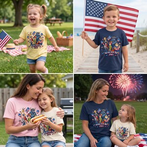 May include: A collection of t-shirts featuring a graphic illustration of cartoon animals with American flag balloons and the text America 250. The shirts are shown in various colors including light yellow, navy blue, light pink, and cream.