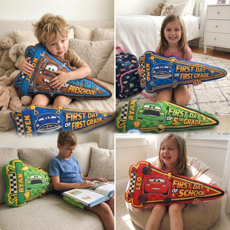 May include: Four children holding colorful, car-shaped pillows. Each pillow features a different car character and the text "First Day of School" or "First Day of Grade" with the grade level. The pillows are blue, green, and red.