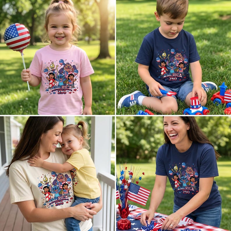May include: A collection of t-shirts featuring a graphic print of animated characters with American flag motifs and the text America 250. The shirts are shown in various colors including light pink, navy blue, and cream, worn by different individuals.