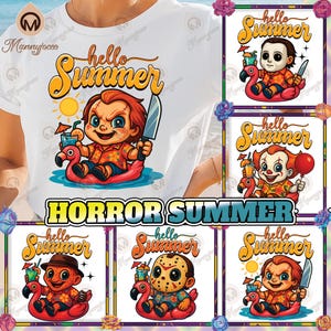 5 Designs Hello Summer Png Bundle, Horror Character Summer Vacation Shirt Design, Cute Horror Clipart Png, Horror Summer Png, Digital File