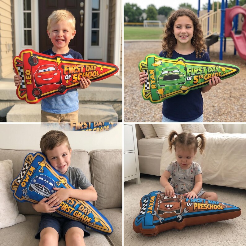 May include: Four children holding personalized, car-shaped pillows. Each pillow features a different car design, the child's name, and the text "First Day of School," "First Day of 5th Grade," "First Day of First Grade," or "First Day of Preschool."
