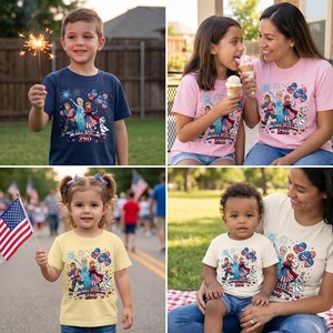 K&ouml;nnte beinhalten: Eine Kollektion von T-Shirts in Marineblau, Hellrosa, Blassgelb und Creme, jeweils mit einem Grafikdruck von animierten Figuren, die Wunderkerzen und Luftballons halten, sowie dem Text America 250, gestaltet mit patriotischen Akzenten in Rot, Wei&szlig; und Blau.